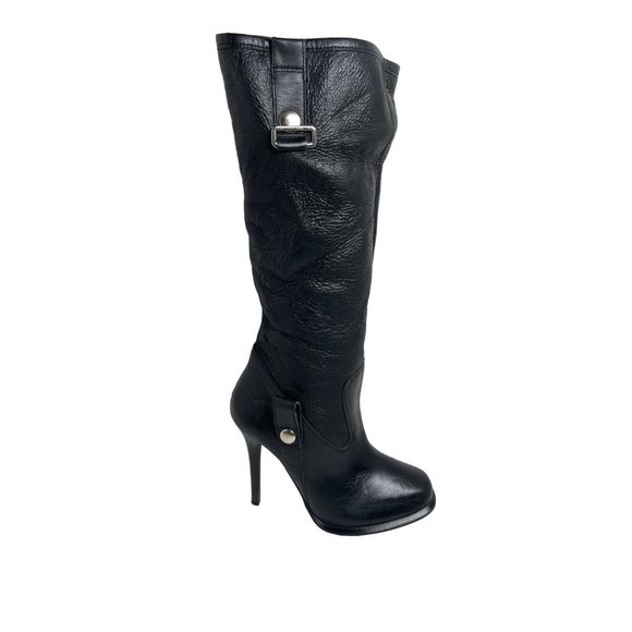 Velika Corinna Faux Fur Fold Over Stiletto Leather Boots Black Women’s Size 7.5 - Picture 5 of 10